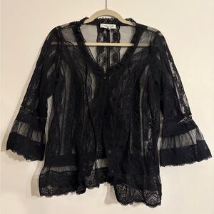 Sheer Black Lace Button-Front Blouse Size Medium Ruffle and Dramatic top